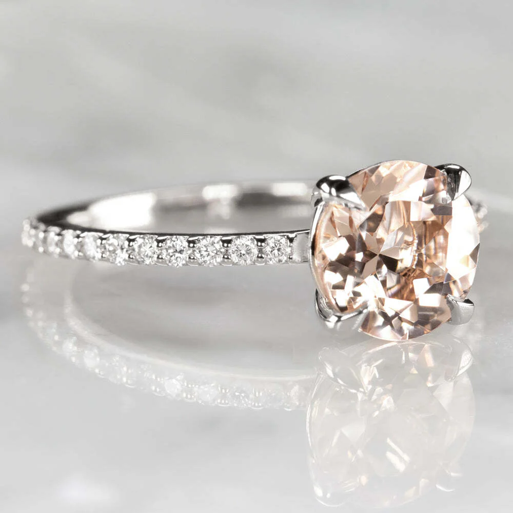 ROUND 1.7ct PEACH MORGANITE 8MM NATURAL DIAMOND ENGAGEMENT RING 10k GOLD PAVE - Image 2