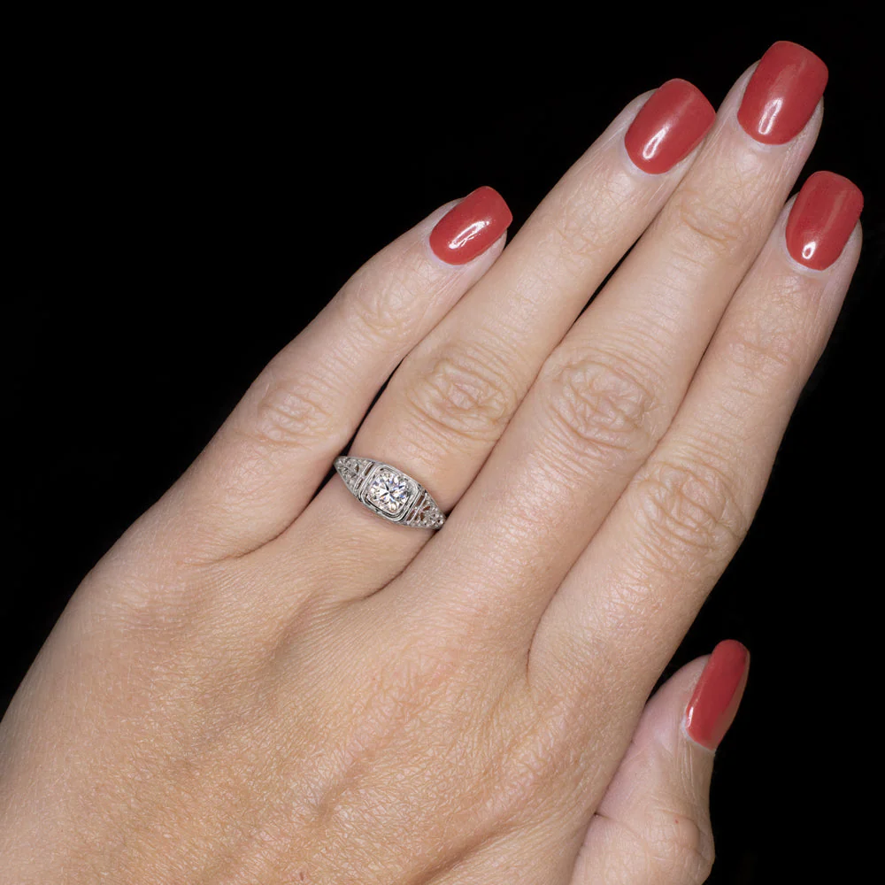 ROUND CUT DIAMOND VINTAGE STYLE ENGAGEMENT RING 1/2 CARAT FILIGREE WHITE GOLD - Image 3