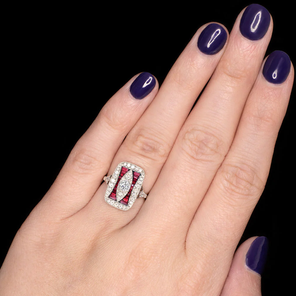 RUBY DIAMOND VINTAGE STYLE COCKTAIL RING ART DECO 14k WHITE GOLD NATURAL CALIBRE - Image 3