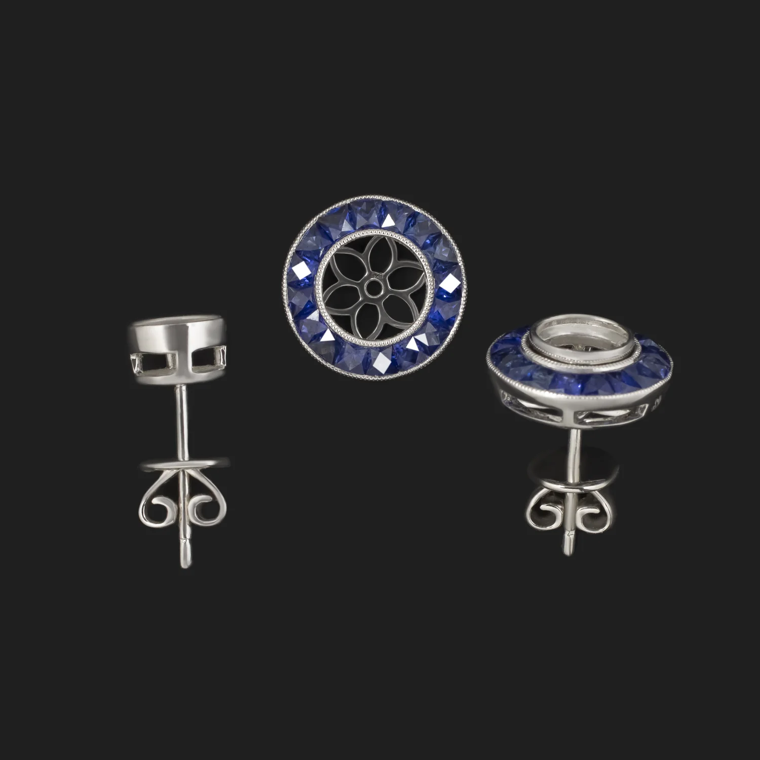 SAPPHIRE 6mm STUD EARRINGS SEMI MOUNT SETTINGS 18k HALO JACKETS VINTAGE STYLE - Image 2
