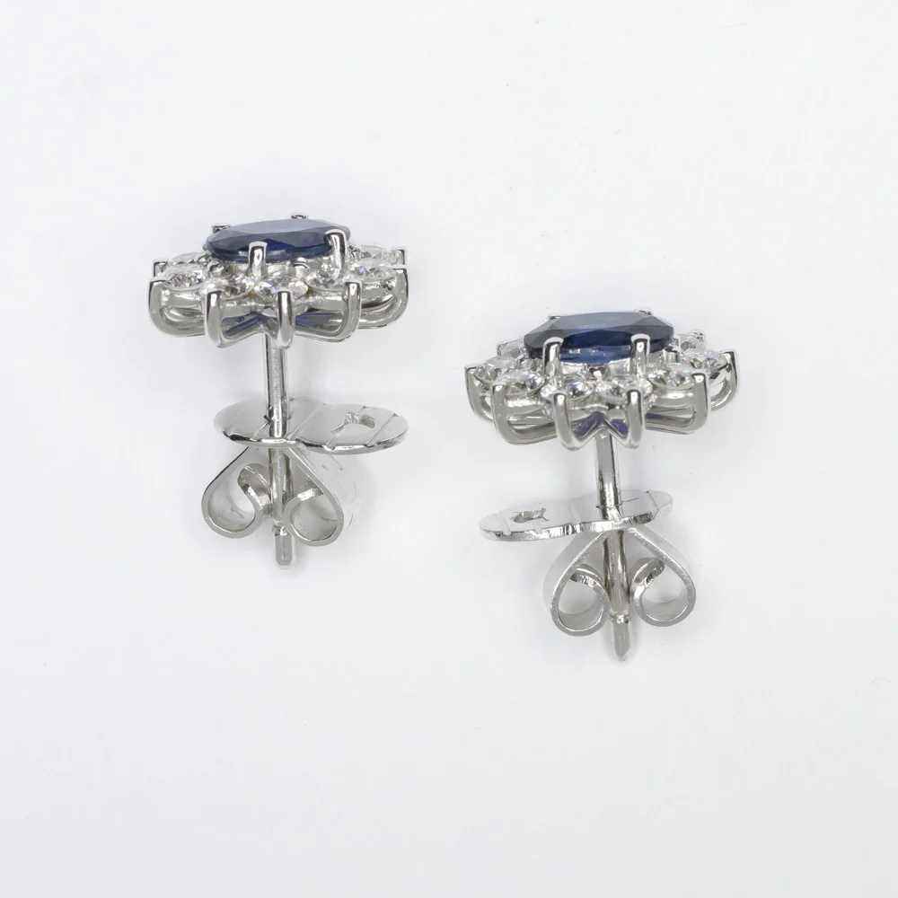 SAPPHIRE DIAMOND STUD EARRINGS 18k WHITE GOLD OVAL SHAPE HALO NATURAL CLASSIC - Image 2