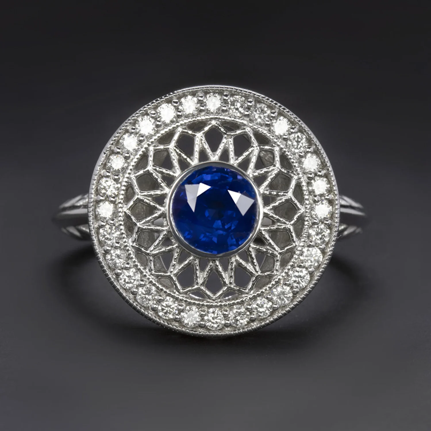SAPPHIRE DIAMOND VINTAGE STYLE COCKTAIL RING FILIGREE HALO 10k WHITE GOLD ROUND