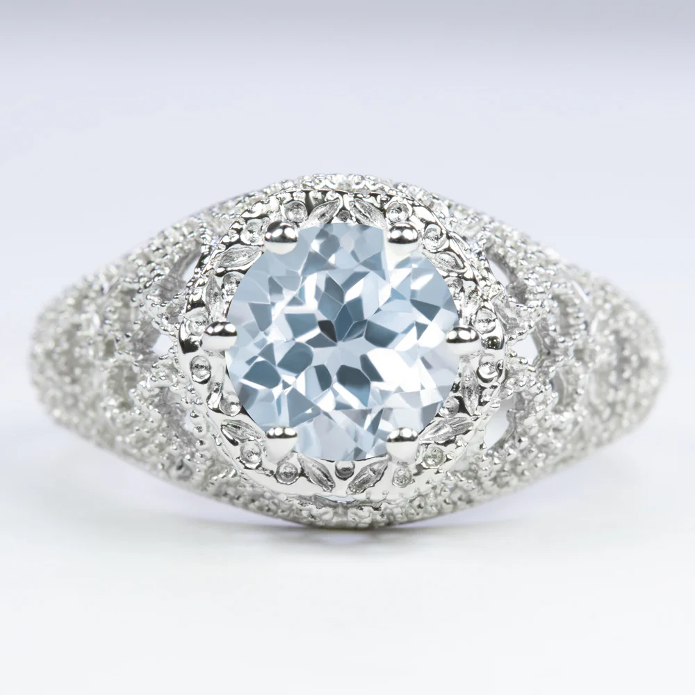 SKY BLUE TOPAZ STERLING SILVER RING VINTAGE STYLE FILIGREE ROUND CUT ART DECO