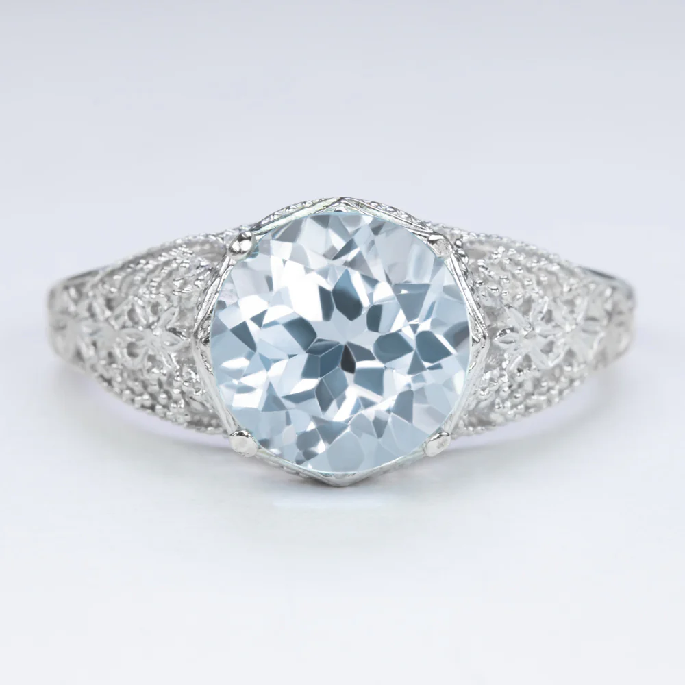 SKY BLUE TOPAZ STERLING SILVER RING VINTAGE STYLE FILIGREE ROUND CUT ART DECO