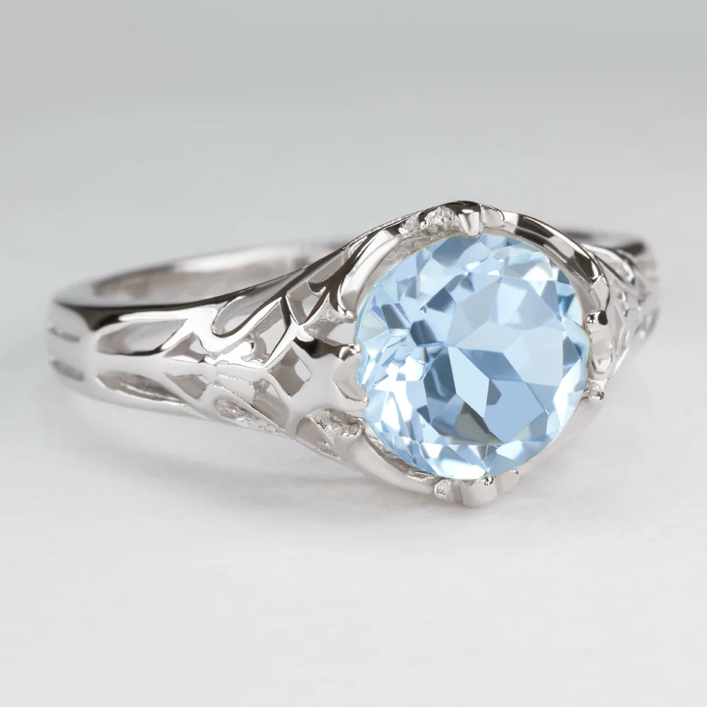 SKY BLUE TOPAZ STERLING SILVER RING VINTAGE STYLE SOLITAIRE ART DECO FILIGREE - Image 2
