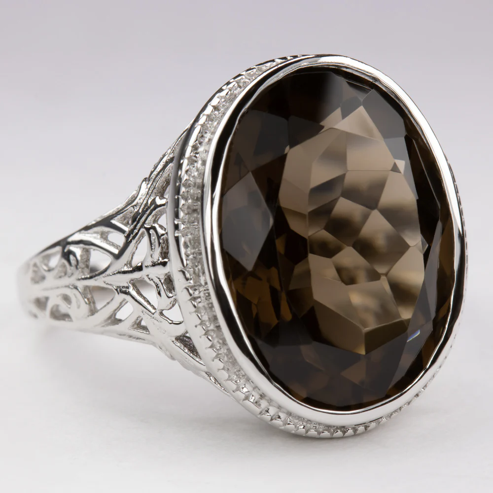 SMOKY QUARTZ STERLING SILVER RING VINTAGE STYLE OVAL FILIGREE GEMSTONE SOLITAIRE - Image 2