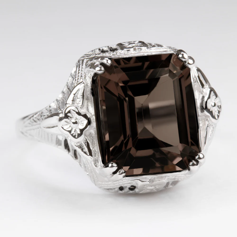 SMOKY QUARTZ STERLING SILVER VINTAGE STYLE RING ART DECO EMERALD CUT FILIGREE - Image 2