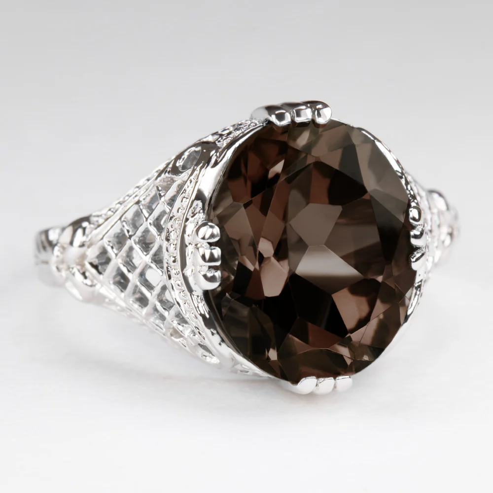 SMOKY QUARTZ STERLING SILVER VINTAGE STYLE RING ART DECO OVAL SHAPE CUT FILIGREE - Image 2