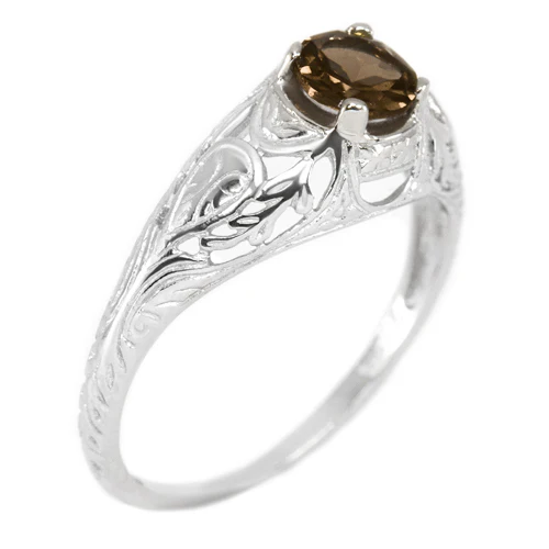 SMOKY QUARTZ STERLING SILVER VINTAGE STYLE SOLITAIRE RING FLORAL PROMISE NATURAL - Image 5