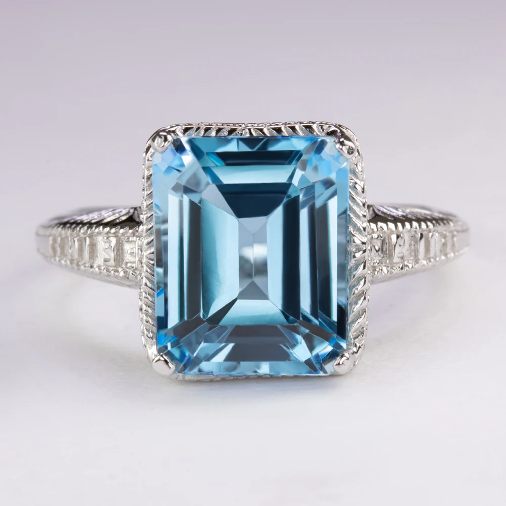 SWISS BLUE TOPAZ VINTAGE STYLE RING STERLING SILVER ART DECO SOLITAIRE ENGRAVED