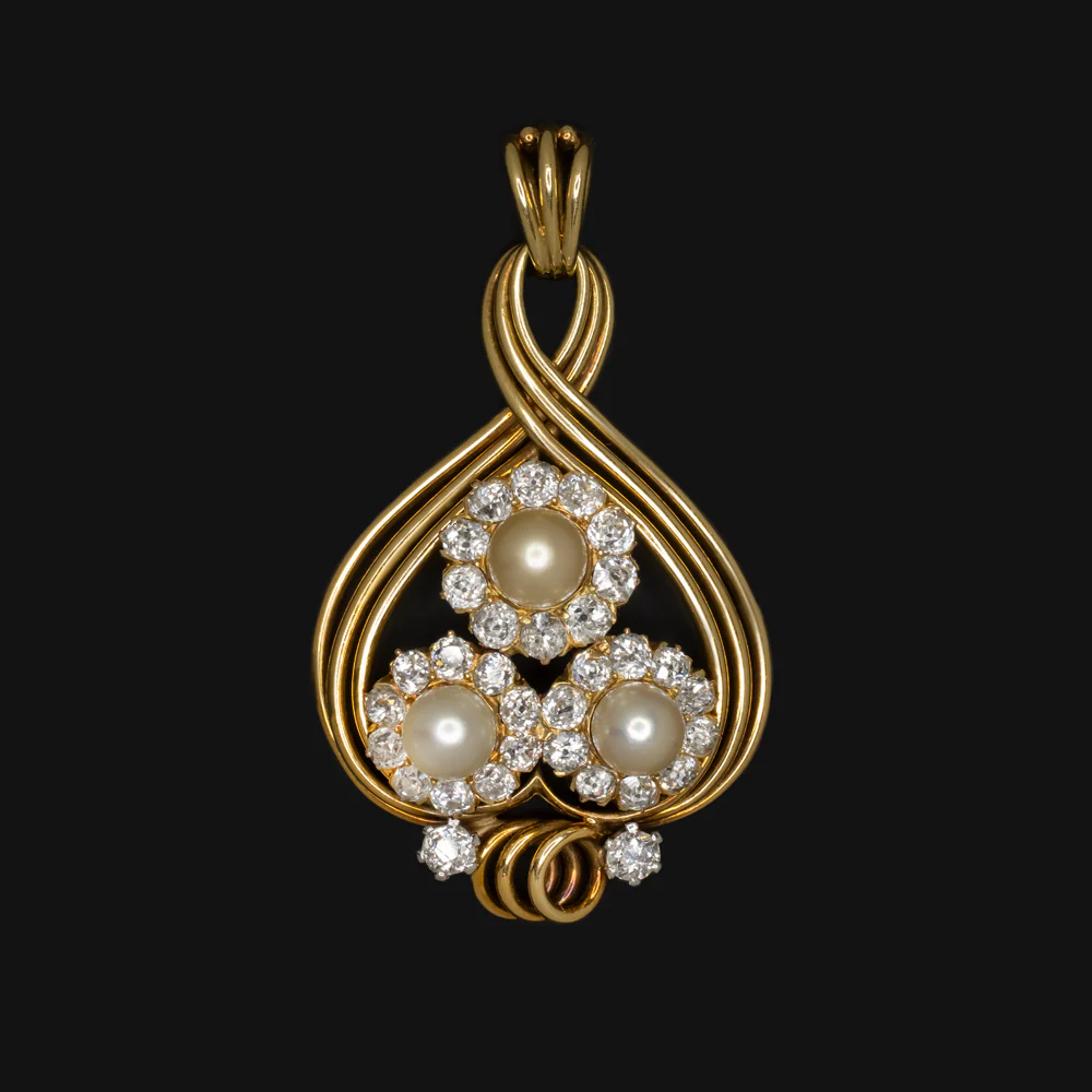 VINTAGE 3.55ct OLD EUROPEAN CUT DIAMOND PEARL PENDANT 18k YELLOW GOLD HEART HALO