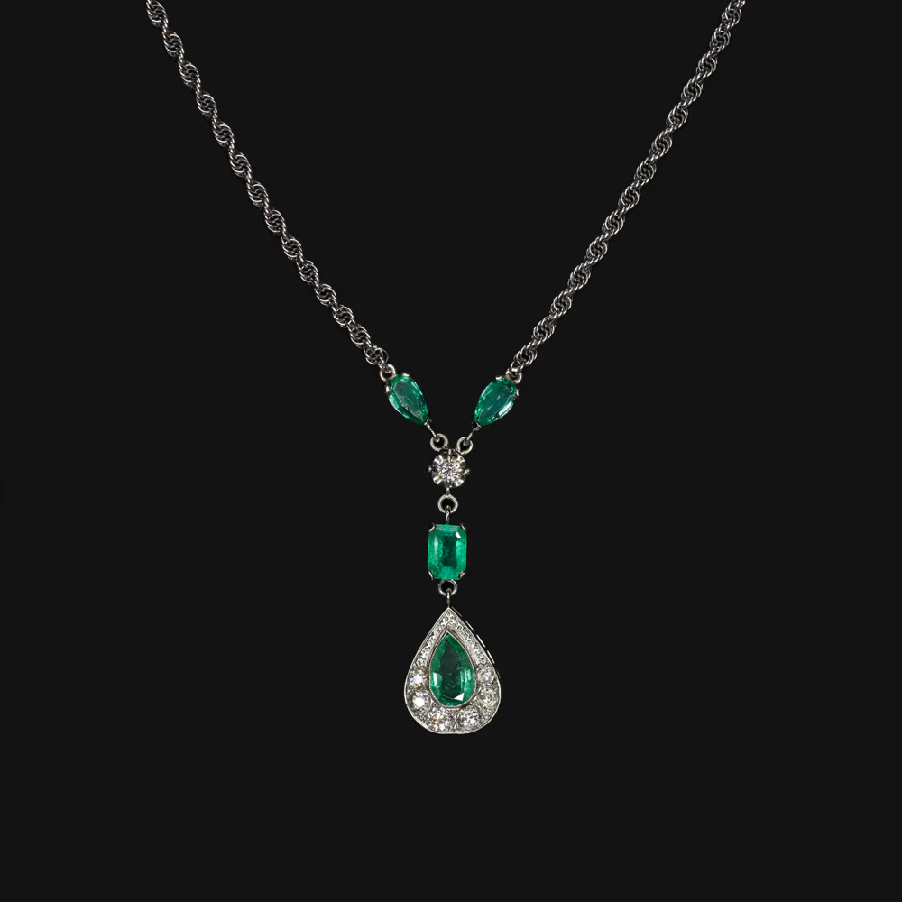 VINTAGE 4.80ct COLOMBIAN EMERALD DIAMOND NECKLACE PEAR SHAPE DROP 14k WHITE GOLD