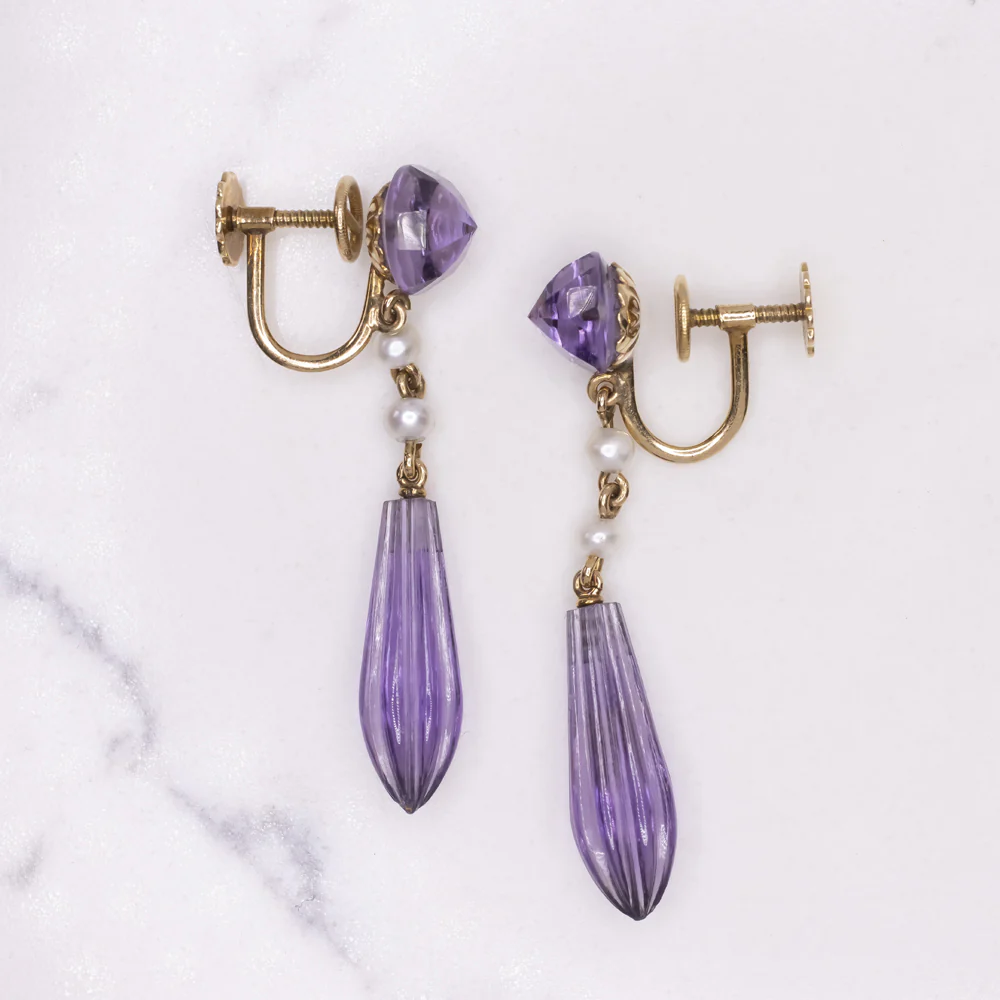 VINTAGE AMETHYST PEARL EARRINGS 14k YELLOW GOLD PURPLE CARVED LONG DROP DANGLE - Image 2