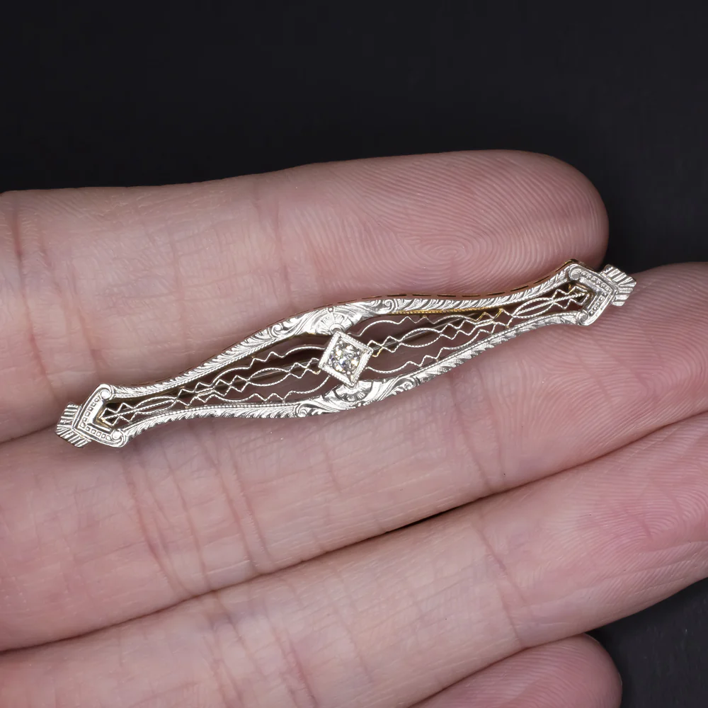 VINTAGE DIAMOND 14K WHITE GOLD PIN PENDANT ART DECO BROOCH NECKLACE FILIGREE