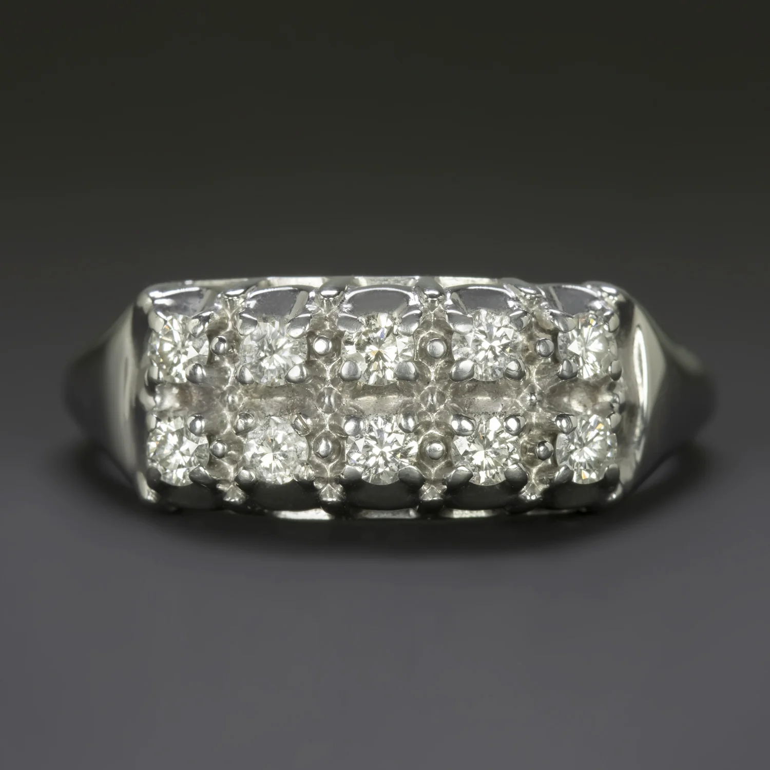 VINTAGE DIAMOND 2 ROW BAND 14k WHITE GOLD RING 1/2ct NATURAL RETRO COCKTAIL