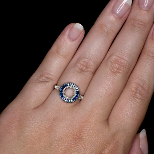 VINTAGE STYLE DIAMOND CALIBRE CUT SAPPHIRE HALO ENGAGEMENT RING SETTING TARGET - Image 4