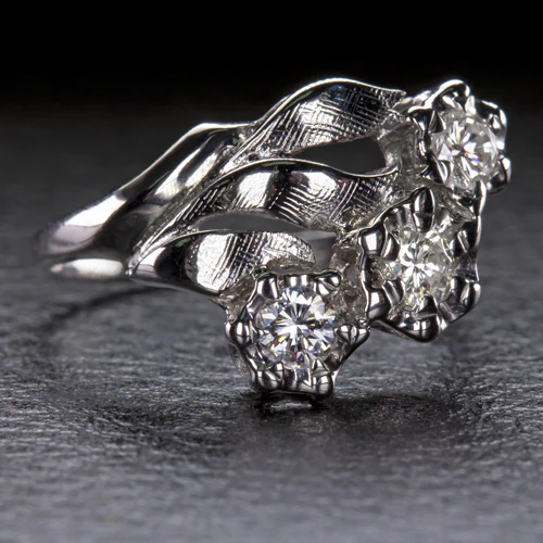 VINTAGE DIAMOND COCKTAIL RING ASYMMETRICAL UNIQUE 14k WHITE GOLD MID CENTURY - Image 2