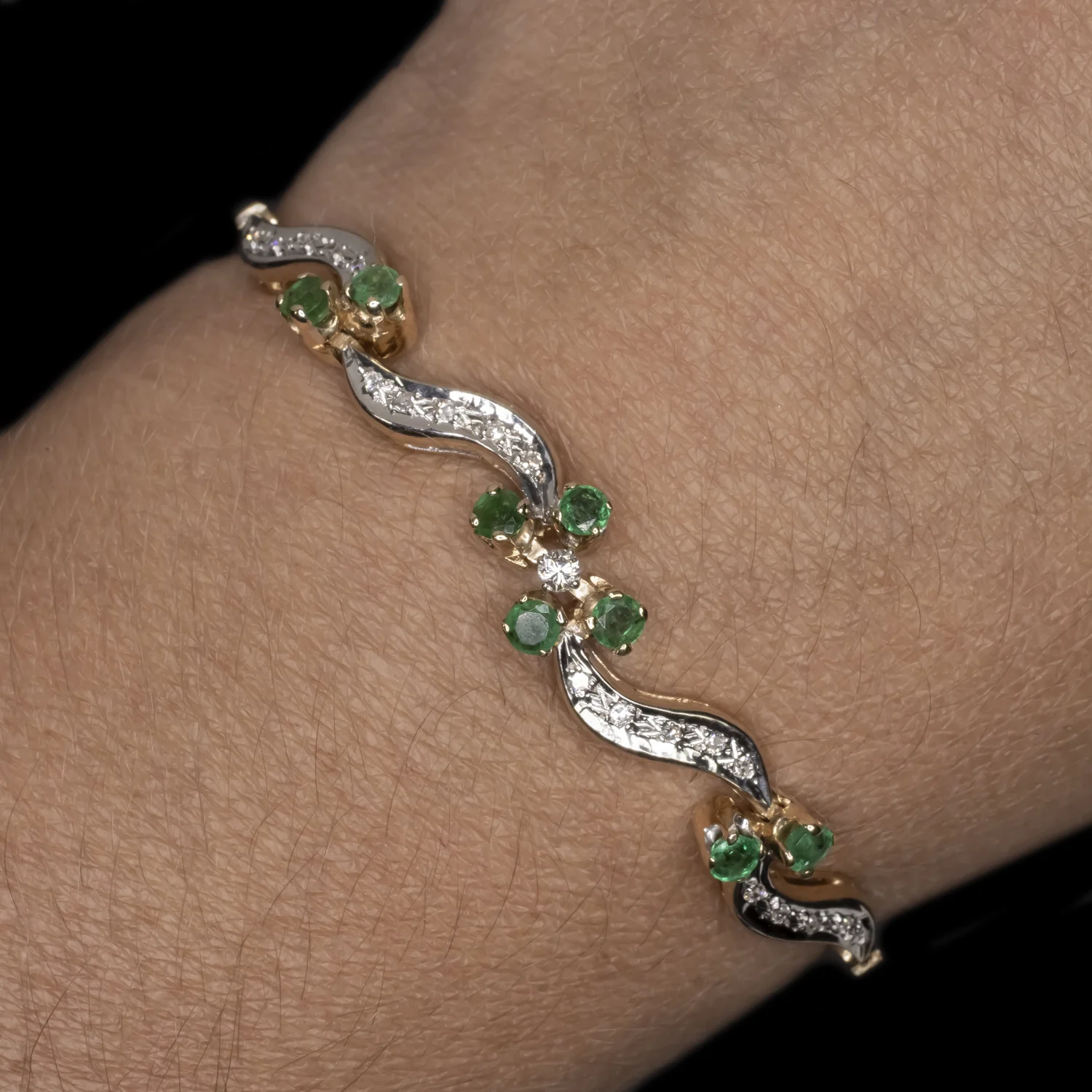 VINTAGE DIAMOND EMERALD BRACELET 13gm 14K GOLD MID CENTURY CLUSTER SWIRL ESTATE