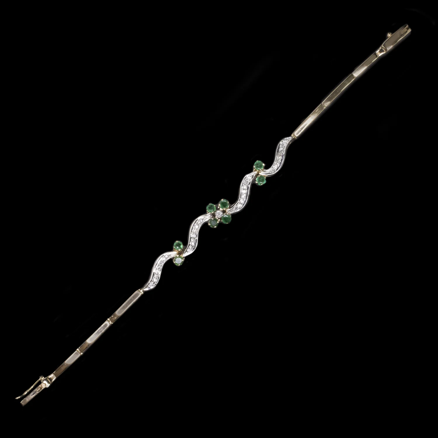 VINTAGE DIAMOND EMERALD BRACELET 13gm 14K GOLD MID CENTURY CLUSTER SWIRL ESTATE - Image 2