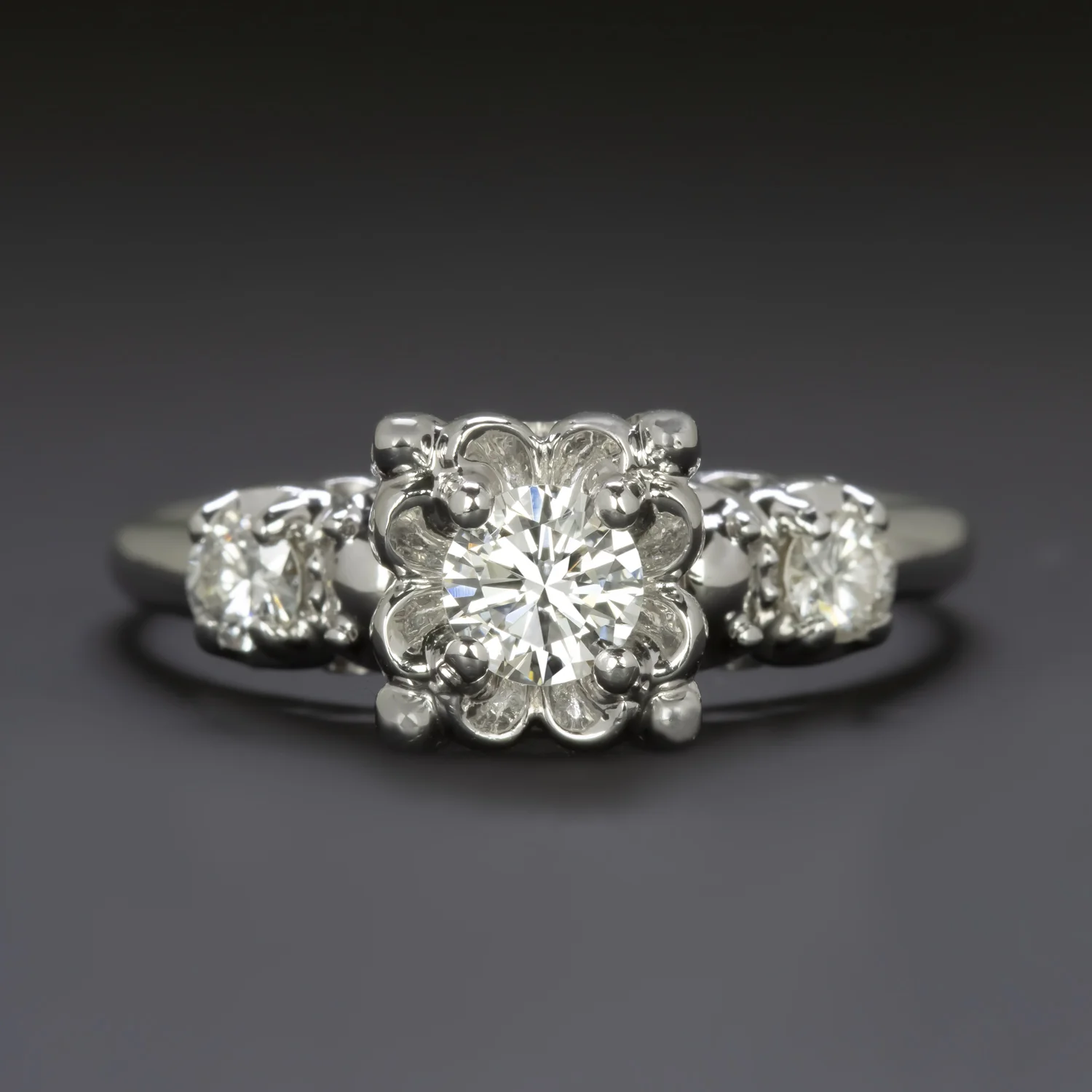 VINTAGE DIAMOND ENGAGEMENT RING G VS 14K WHITE GOLD MID CENTURY ILLUSION ROUND