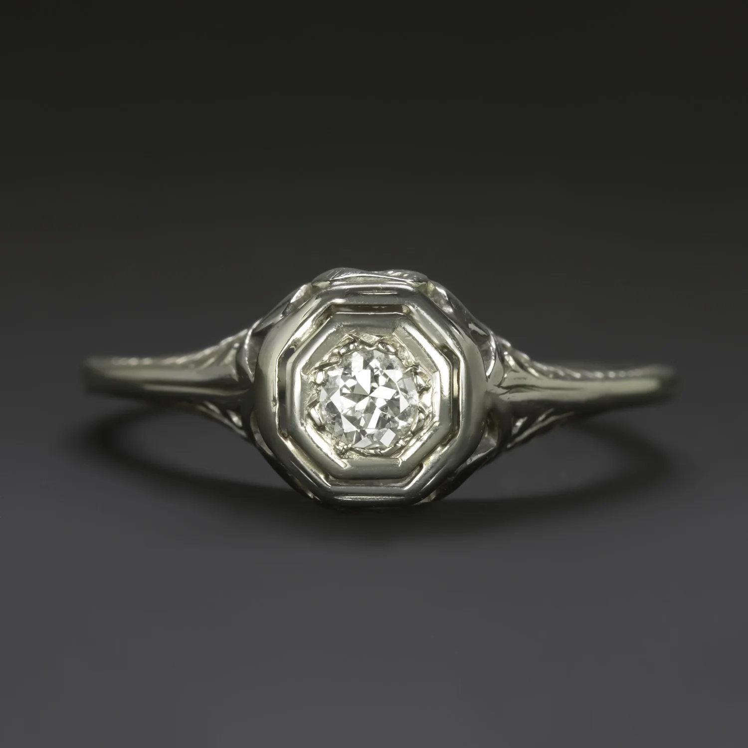 VINTAGE DIAMOND ENGAGEMENT RING OLD EUROPEAN CUT G VS2 FILIGREE 18k WHITE GOLD