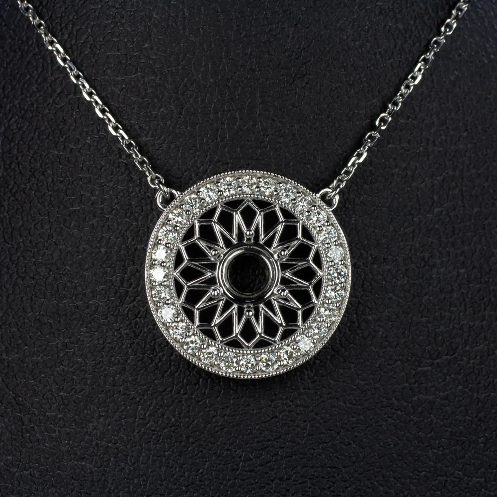 VINTAGE STYLE DIAMOND FILIGREE HALO MOUNT PENDANT NECKLACE SETTING DECO ROUND
