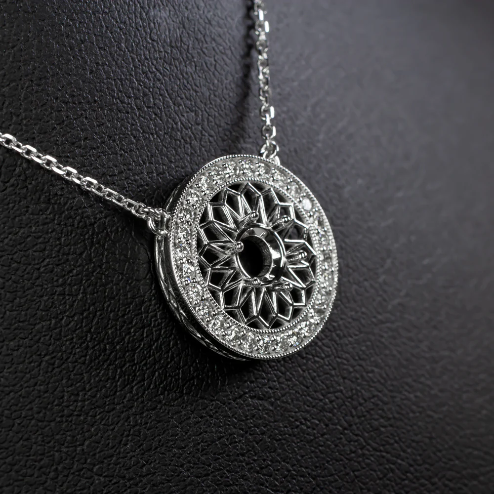 VINTAGE STYLE DIAMOND FILIGREE HALO MOUNT PENDANT NECKLACE SETTING DECO ROUND - Image 2