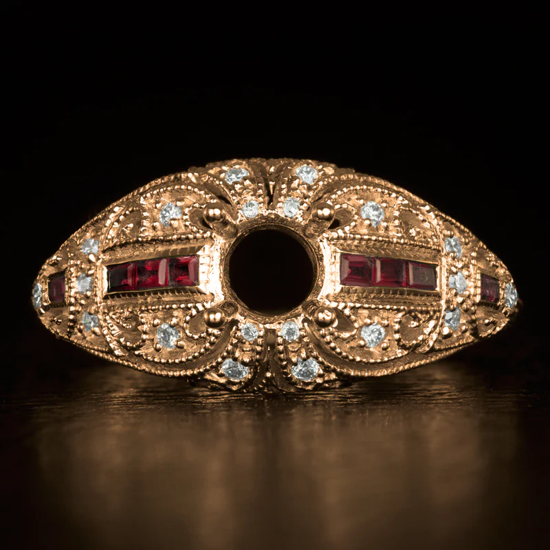 VINTAGE DIAMOND RED RUBY VINTAGE 5mm ROUND ENGAGEMENT RING SETTING 14K ROSE GOLD - Image 2