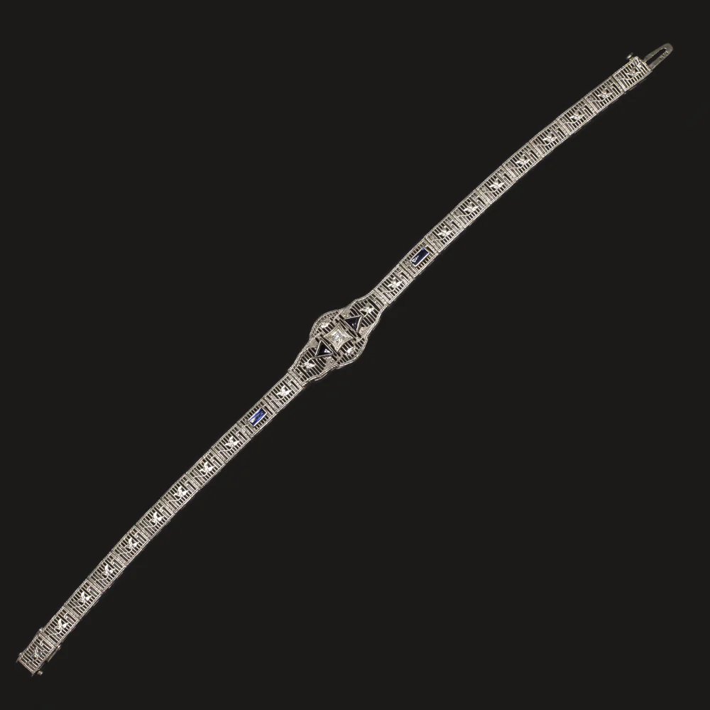 VINTAGE DIAMOND SAPPHIRE 14k WHITE GOLD BRACELET FILIGREE ART DECO BLUE ESTATE - Image 2