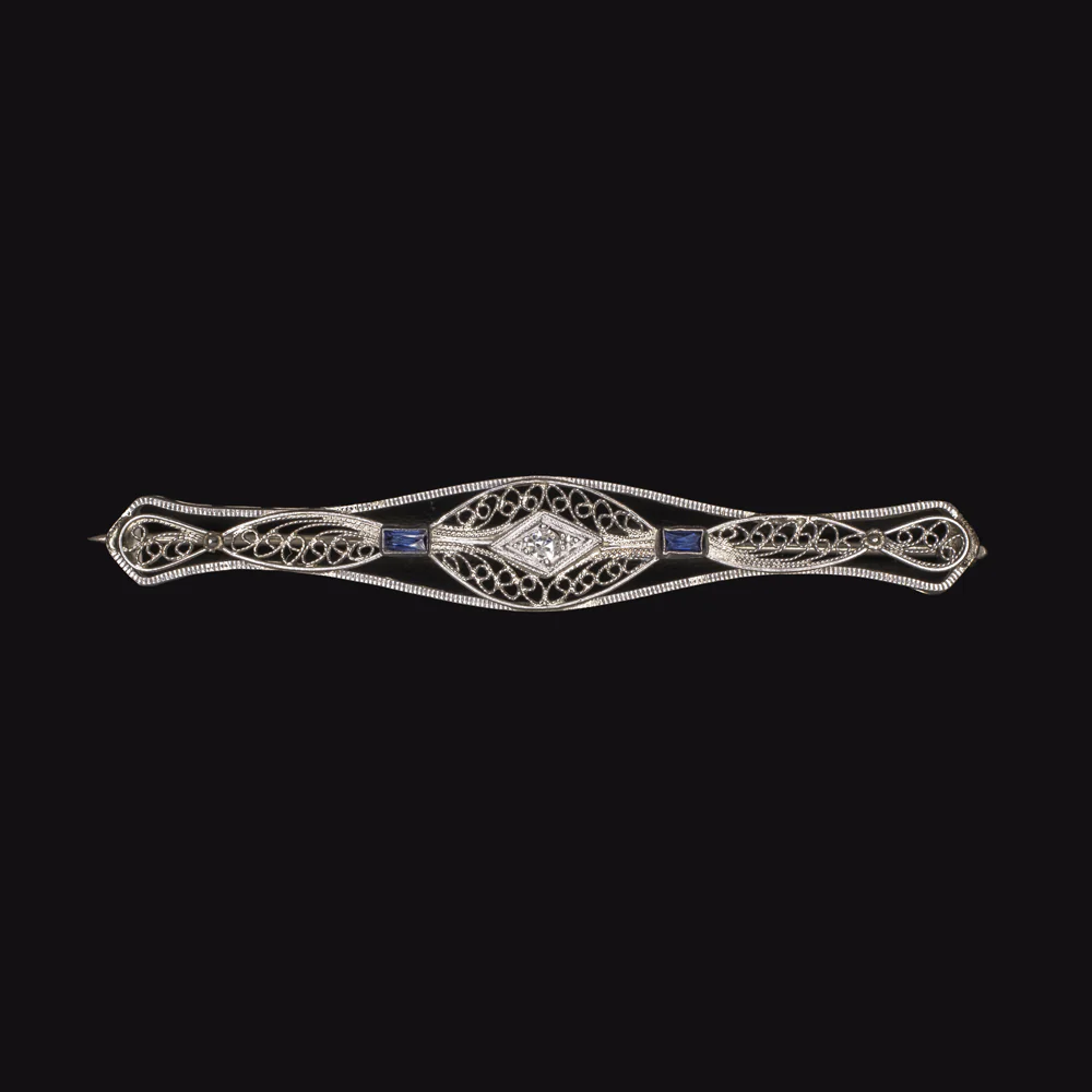 VINTAGE DIAMOND SAPPHIRE FILIGREE BAR PIN BROOCH 14k WHITE GOLD ESTATE PENDANT