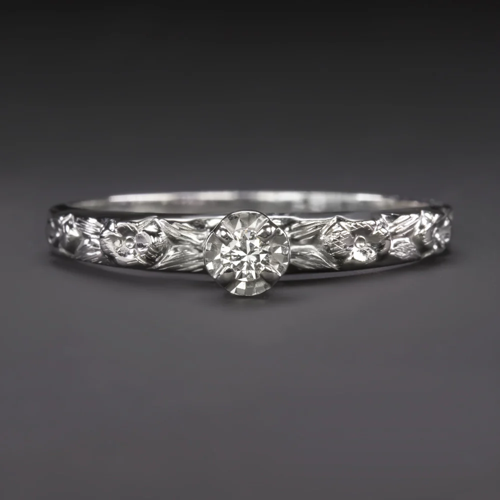 VINTAGE DIAMOND SOLITAIRE RING FLORAL PROMISE ORANGE BLOSSOM WHITE GOLD NATURAL
