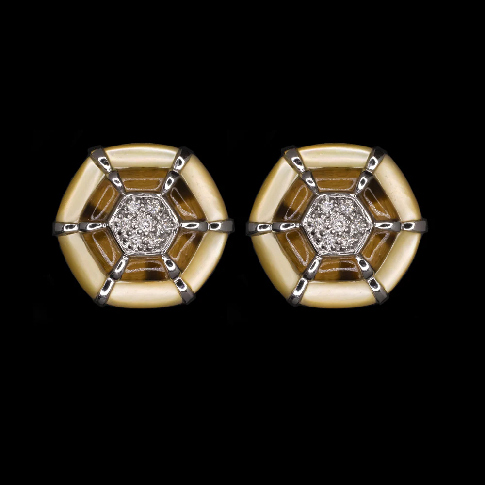VINTAGE DIAMOND TIGER'S EYE MOTHER OF PEARL EARRINGS 14k WHITE GOLD HALO CLUSTER