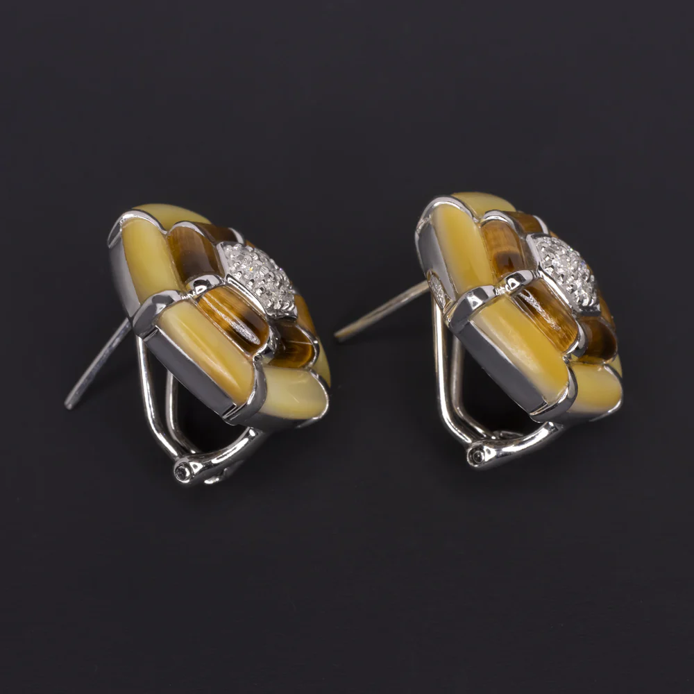 VINTAGE DIAMOND TIGER'S EYE MOTHER OF PEARL EARRINGS 14k WHITE GOLD HALO CLUSTER - Image 2