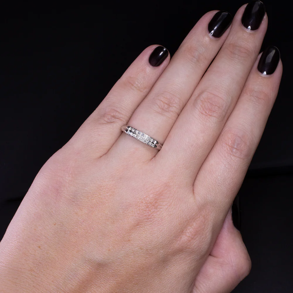 VINTAGE DIAMOND WEDDING RING DOUBLE ROW 14K WHITE GOLD STACKING BAND ESTATE - Image 2
