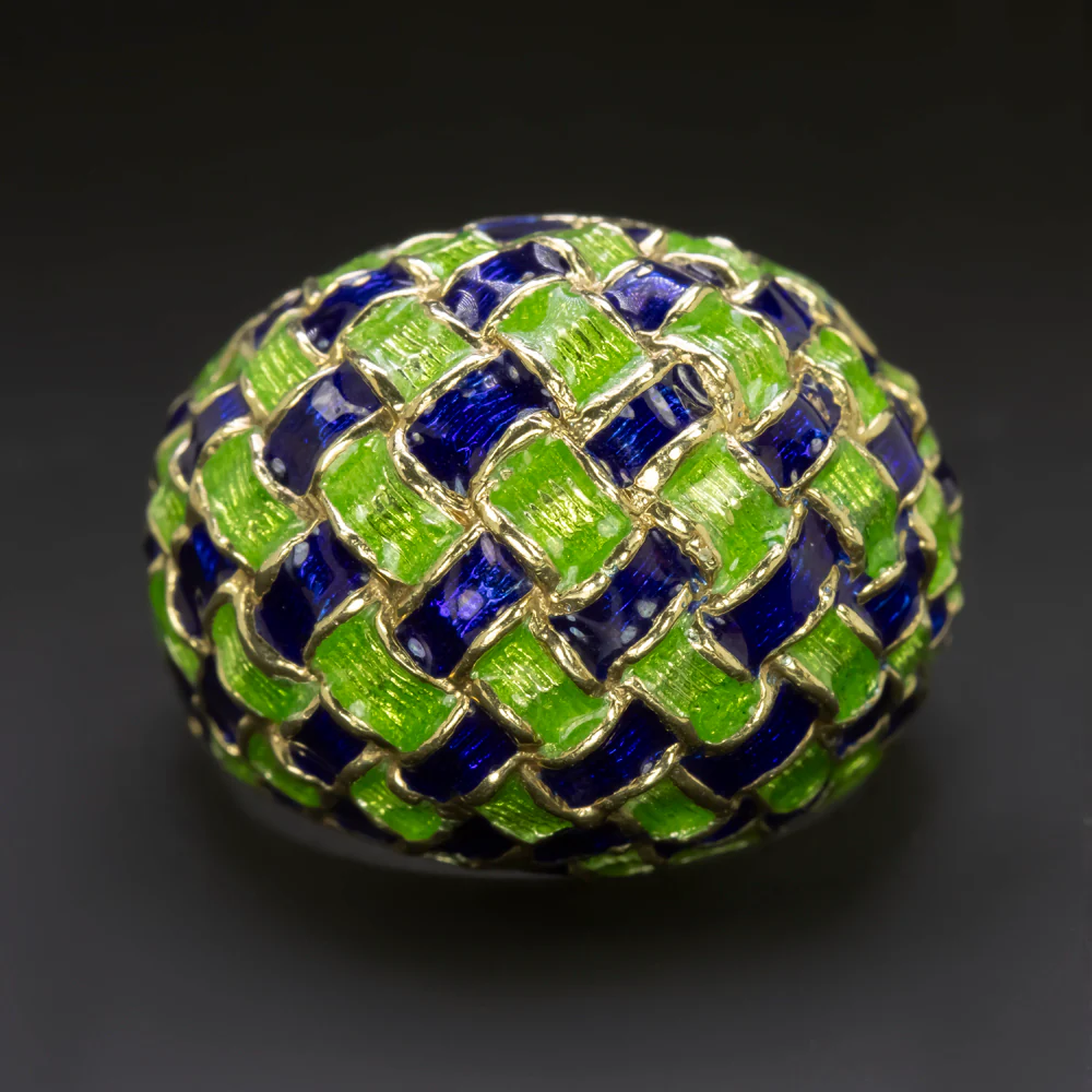 VINTAGE ENAMEL 14k YELLOW GOLD RING 10.8gm BIG DOMED GREEN BLUE WOVEN ESTATE