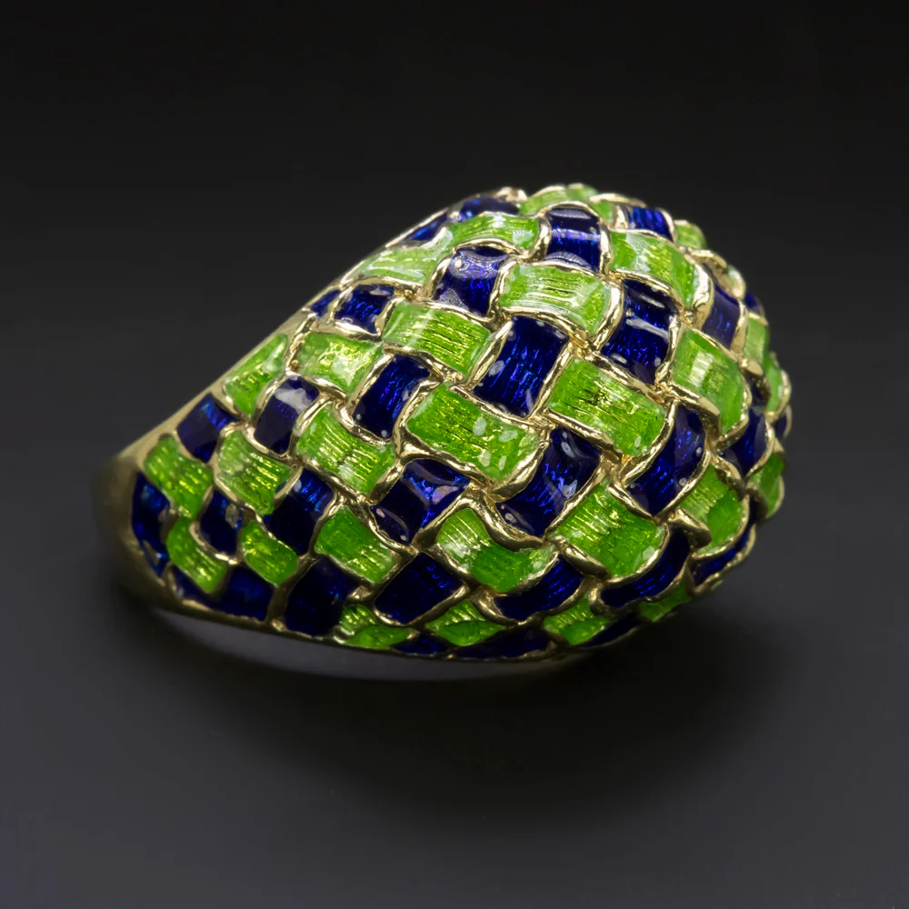 VINTAGE ENAMEL 14k YELLOW GOLD RING 10.8gm BIG DOMED GREEN BLUE WOVEN ESTATE - Image 2