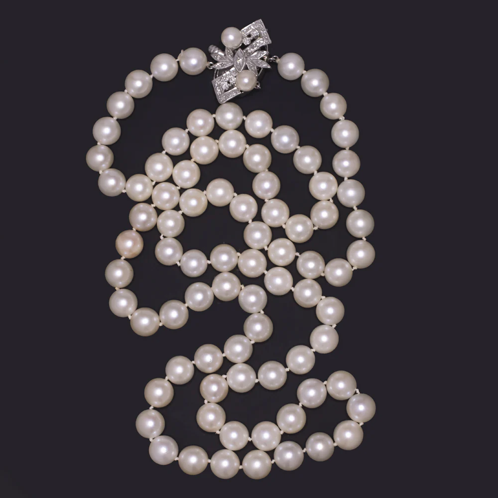 VINTAGE SALTWATER AKOYA PEARL DIAMOND NECKLACE 32 INCH 14k WHITE GOLD NATURAL