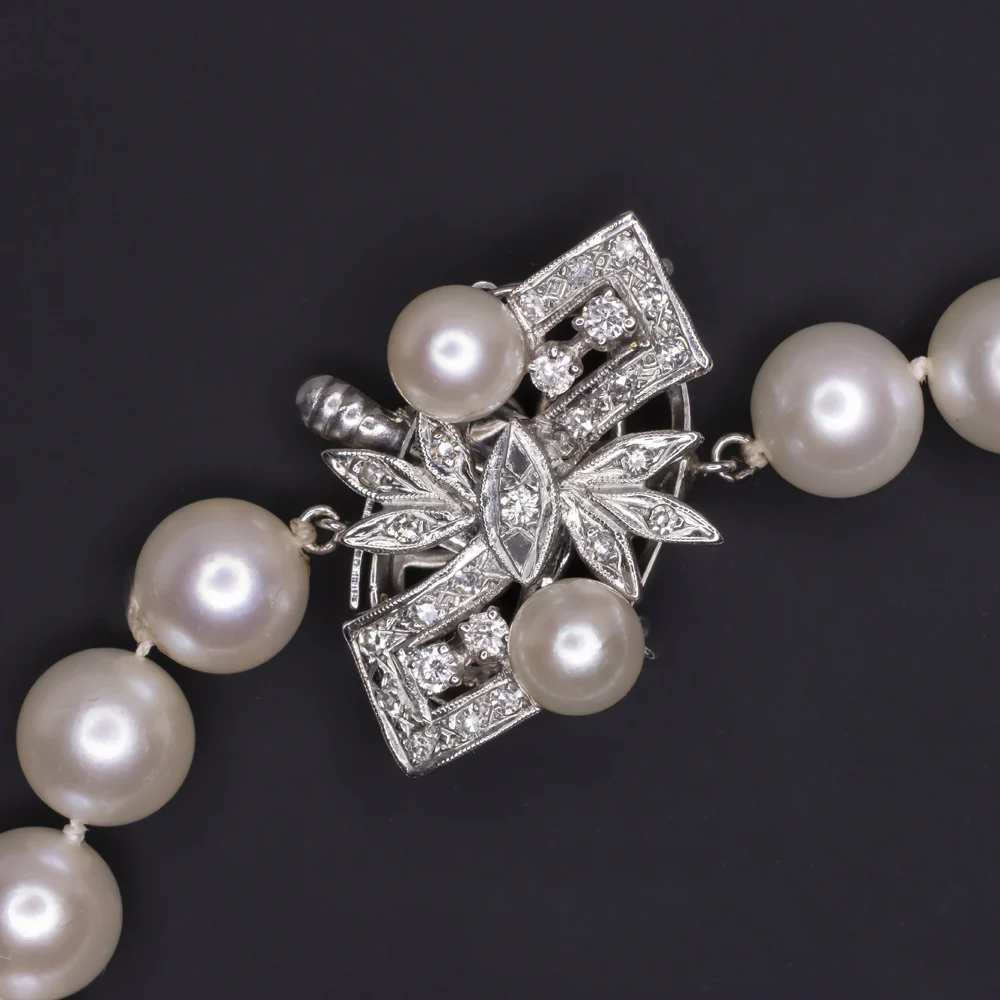 VINTAGE SALTWATER AKOYA PEARL DIAMOND NECKLACE 32 INCH 14k WHITE GOLD NATURAL - Image 3