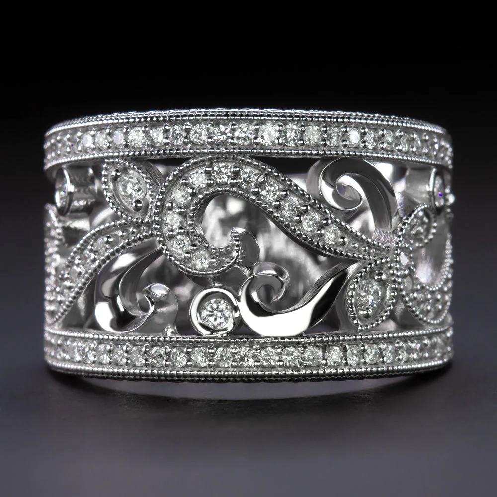 VINTAGE STYLE 0.80ct NATURAL DIAMOND RING WIDE COCKTAIL BAND 14k WHITE GOLD