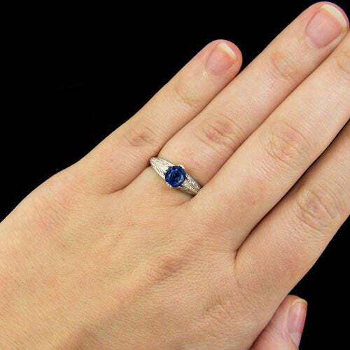 VINTAGE STYLE 3/4ct NATURAL SAPPHIRE PLATINUM ART DECO FLORAL COCKTAIL RING - Image 4