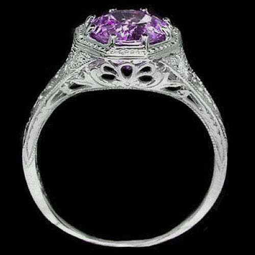 VINTAGE STYLE AMETHYST SOLITAIRE LADIES COCKTAIL RING PLATINUM PURPLE - Image 3