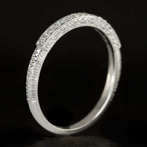 VINTAGE STYLE ART DECO WEDDING BAND DIAMOND ENGRAVED PLATINUM STACKING RING - Image 2