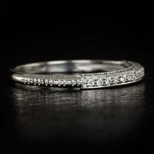 VINTAGE STYLE ART DECO WEDDING BAND DIAMOND ENGRAVED PLATINUM STACKING RING - Image 3