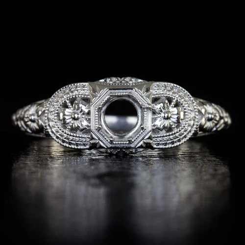 VINTAGE STYLE ART NOUVEAU ROUND 5m 1/2ct SEMI MOUNT RING SETTING FLORAL FILIGREE - Image 2