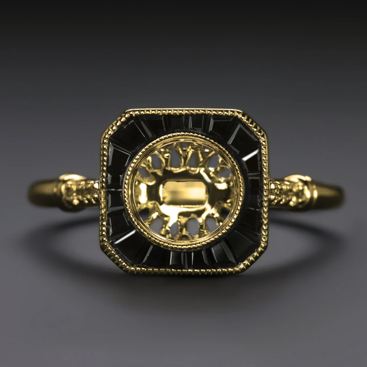VINTAGE STYLE BLACK ONYX HALO ENGAGEMENT RING SETTING ROUND BEZEL MOUNT GOLD