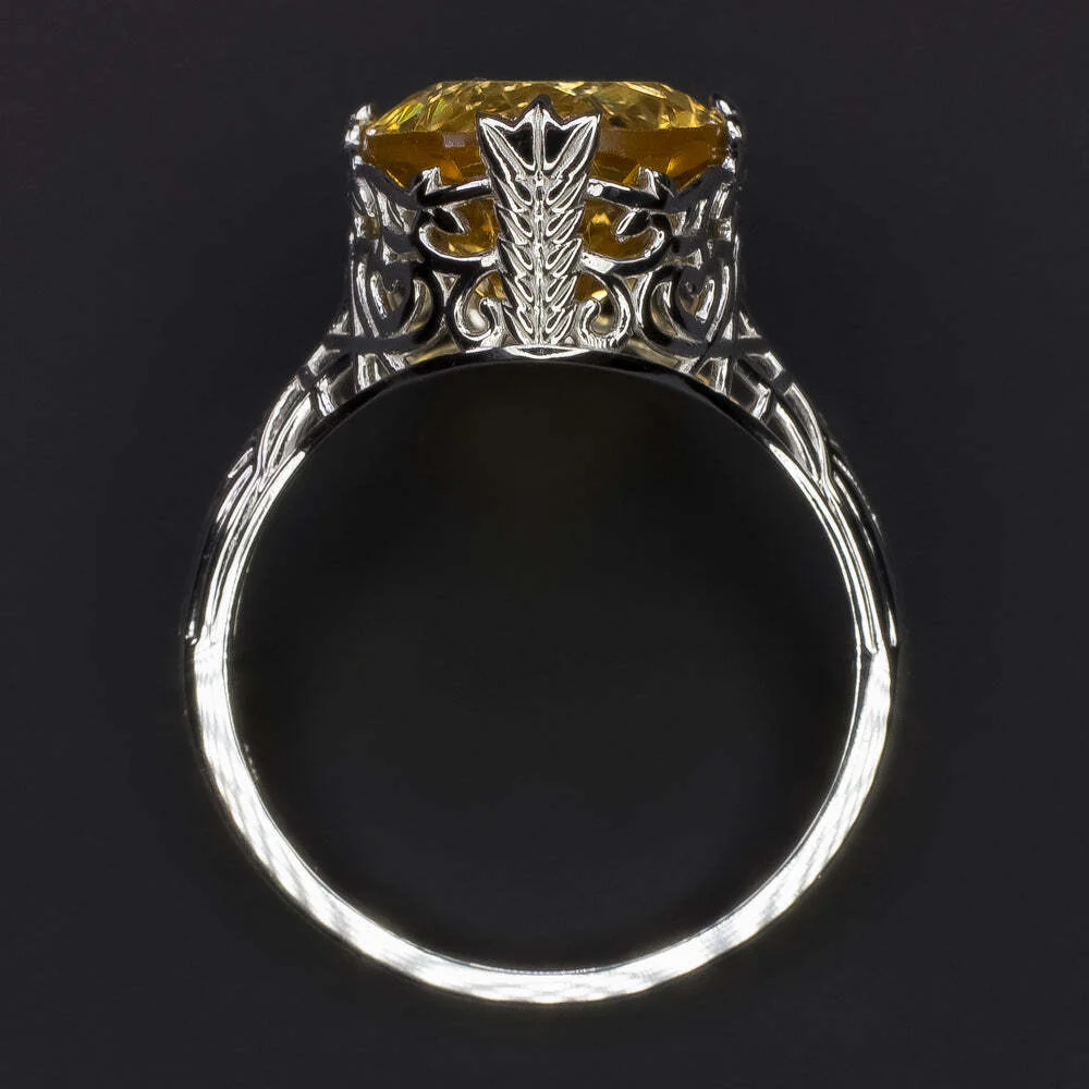 VINTAGE STYLE CITRINE PLATINUM RING FILIGREE OVAL YELLOW NATURAL COCKTAIL - Image 3