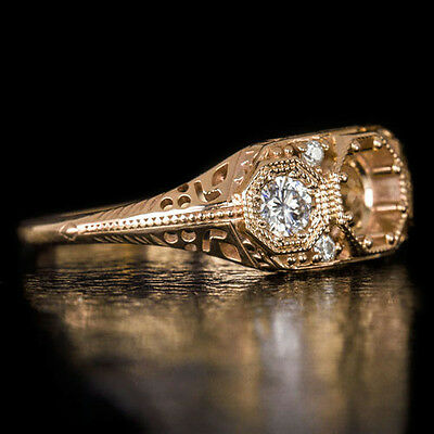 VINTAGE STYLE DIAMOND 5mm ROUND SEMI-MOUNT 3 STONE ENGAGEMENT RING 14K ROSE GOLD - Image 3