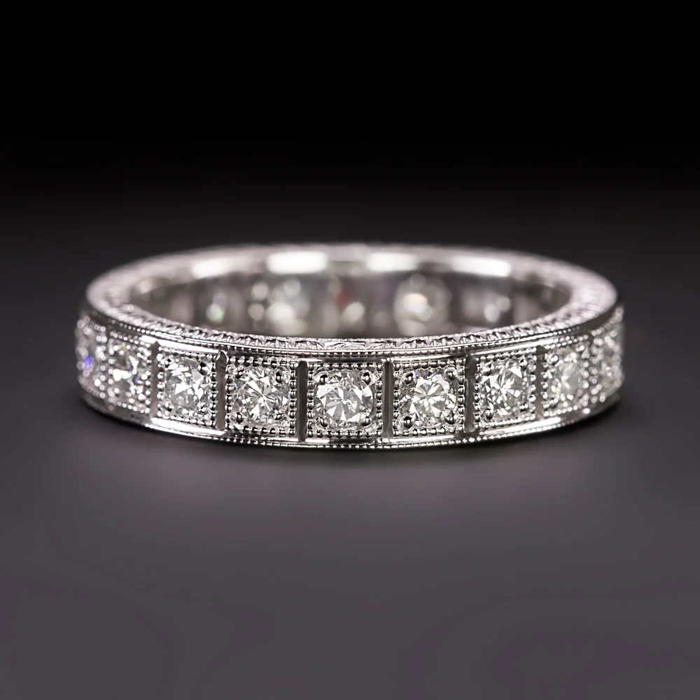 VINTAGE STYLE DIAMOND BAND WEDDING RING WHITE GOLD ENGRAVED ART DECO ETERNITY
