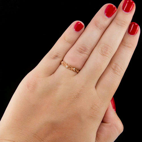 VINTAGE STYLE DIAMOND FILIGREE WEDDING BAND RING DAINTY ART DECO ROSE GOLD 14 - Image 2