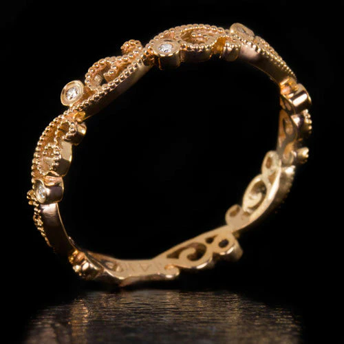 VINTAGE STYLE DIAMOND FILIGREE WEDDING BAND RING DAINTY ART DECO ROSE GOLD 14 - Image 3